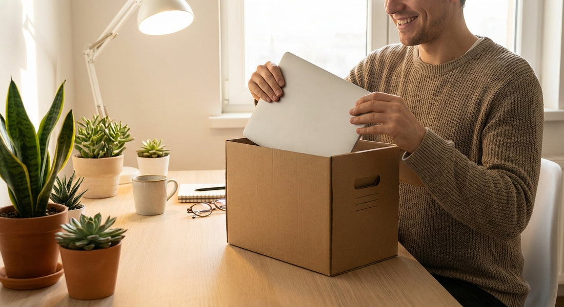 Person unboxing a refurbished laptop at a modern desk - refurbished laptop buying guide 2026