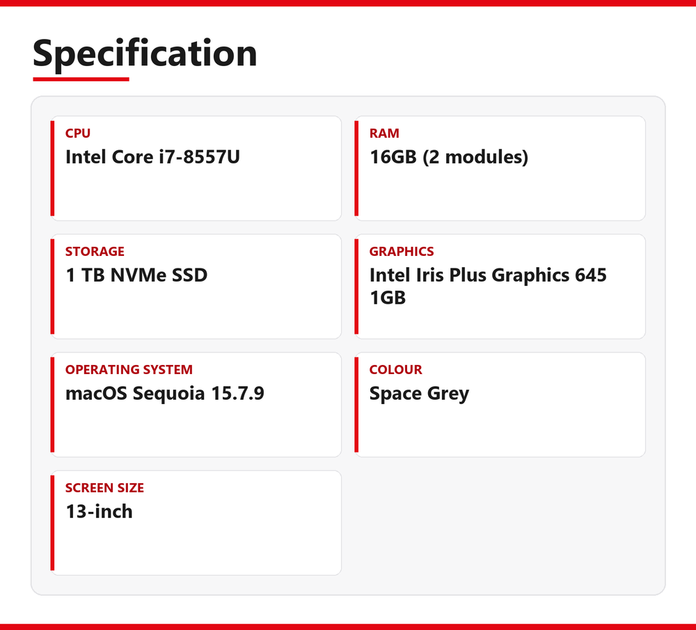 Apple MacBook Pro i7 (13-inch, 2019) 13.3 in 16GB RAM 1TB NVMe SSD macOS Sequoia
