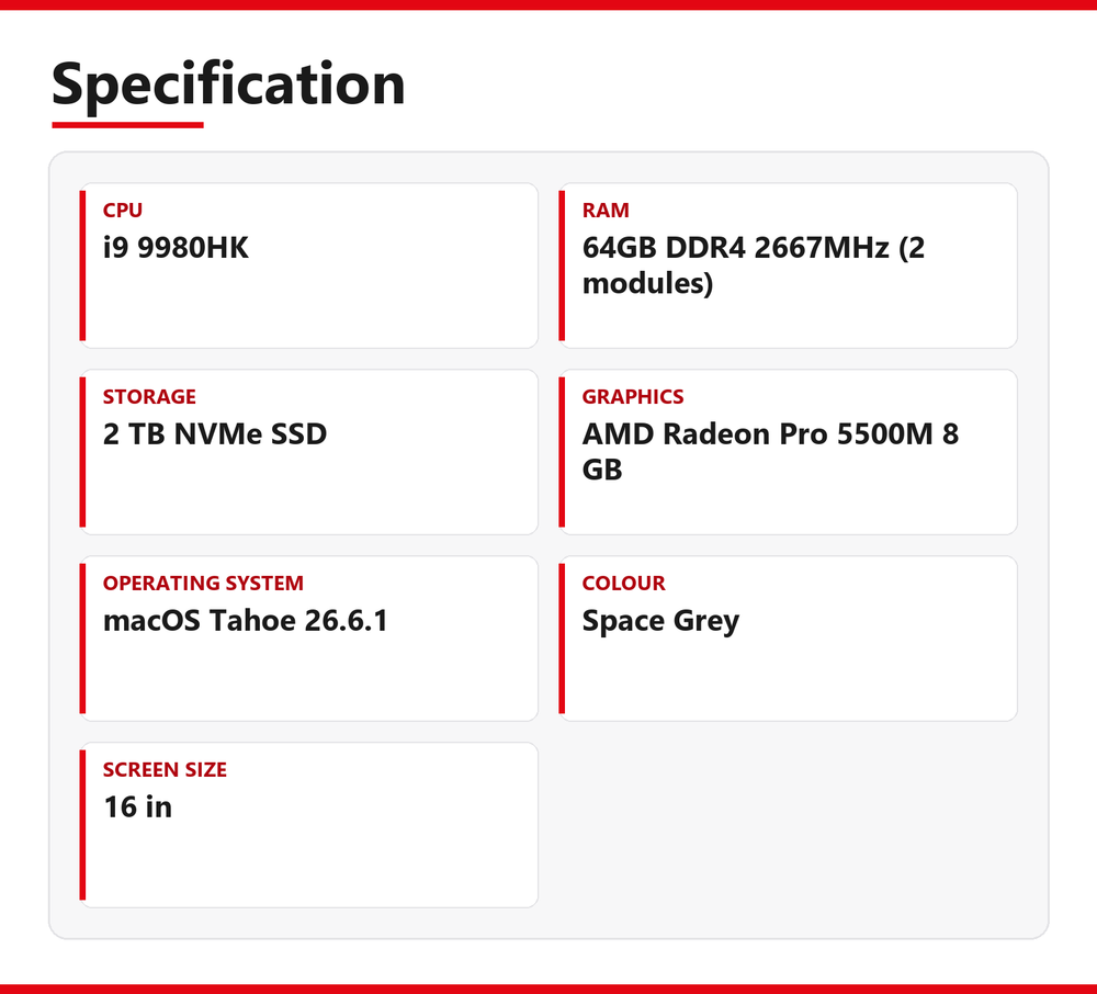 Apple MacBook Pro i9 (16-inch, 2019) 16 in 64GB RAM 2TB NVMe 9980HK macOS Tahoe