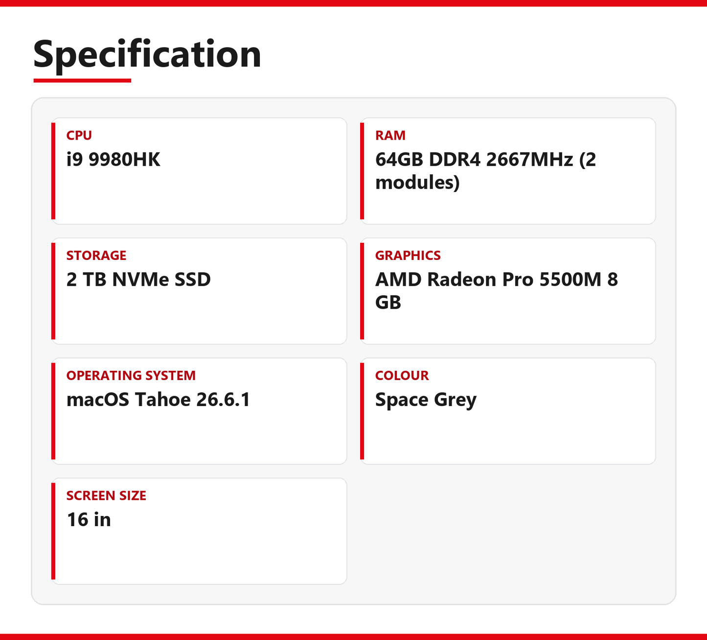 Apple MacBook Pro i9 (16-inch, 2019) 16 in 64GB RAM 2TB NVMe 9980HK macOS Tahoe