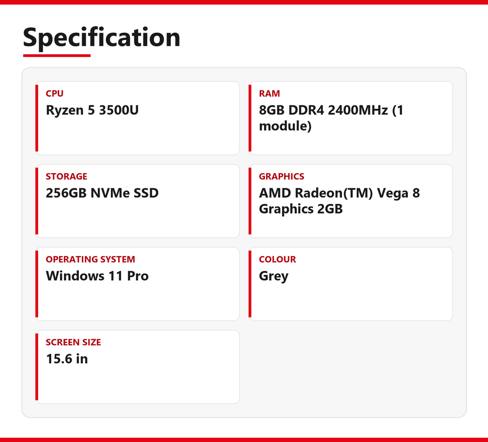HP NoteBook Ryzen 5 Laptop 255 G8 15 in 8GB RAM 256GB NVMe AMD 3500U Windows 11