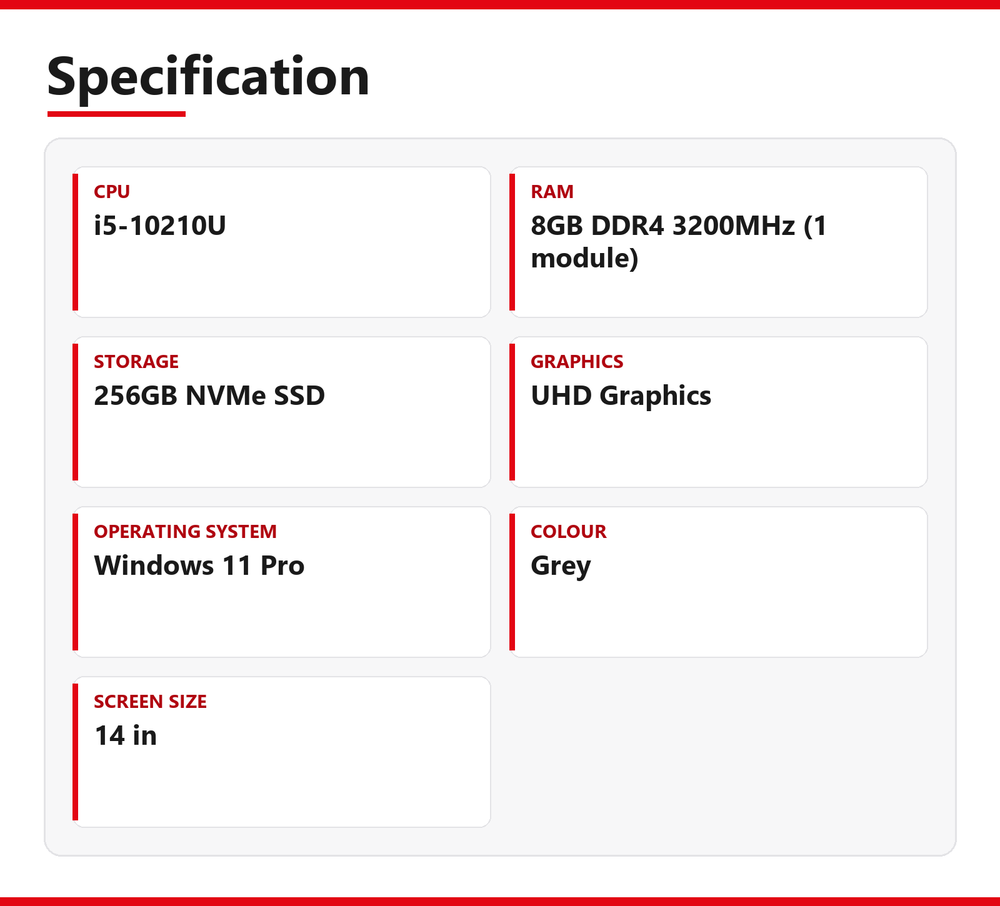 Dell | 3410 | i5-10210U | 8GB DDR4 3200MHz (1 module) | 256GB NVMe SSD | Used - Acceptable