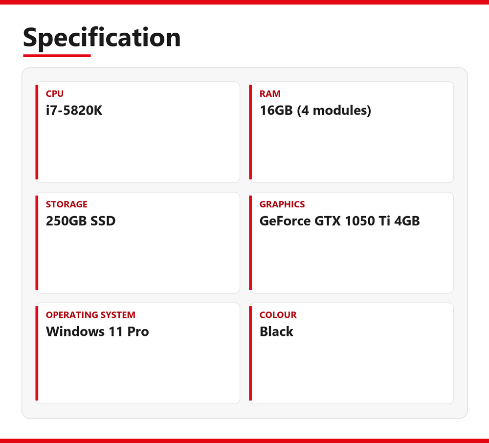ASUS X99-A i7 Gaming PC 16GB RAM 250GB SSD Intel 5820K Windows 11 1050 Ti WiFi