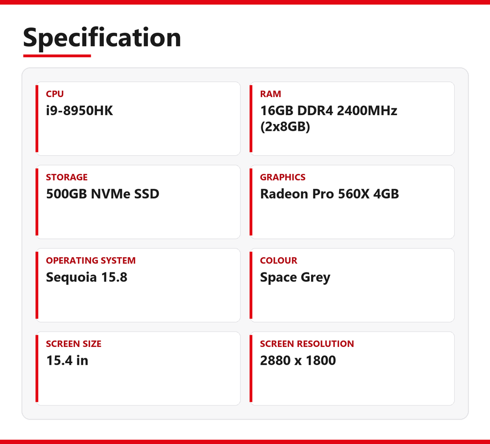 Apple MacBook Pro i9 8950HK (15-inch, 2018) 16GB RAM 500GB NVMe macOS Sequoia