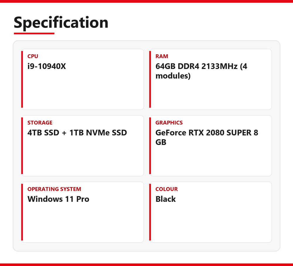 ASUS | X299 MARK 2 | i9-10940X | 64GB DDR4 2133MHz (4 modules) | 4TB SSD + 1TB NVMe SSD | Good - Refurbished