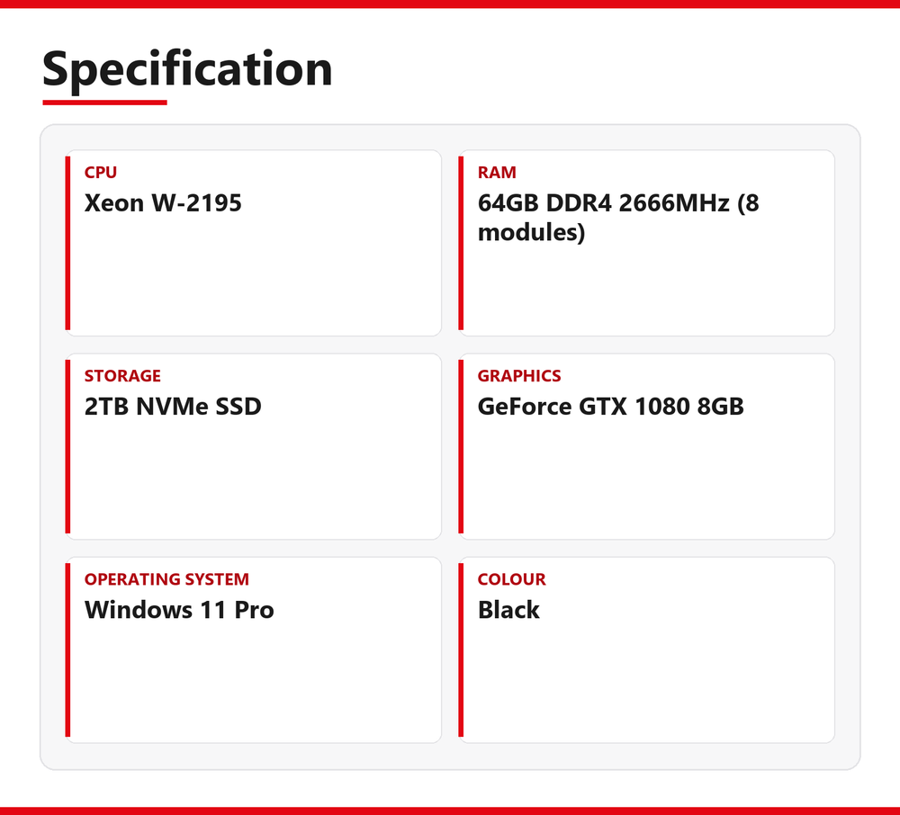 Dell | 5820 | Xeon W-2195 | 64GB DDR4 2666MHz (8 modules) | 2TB NVMe SSD | Good - Refurbished