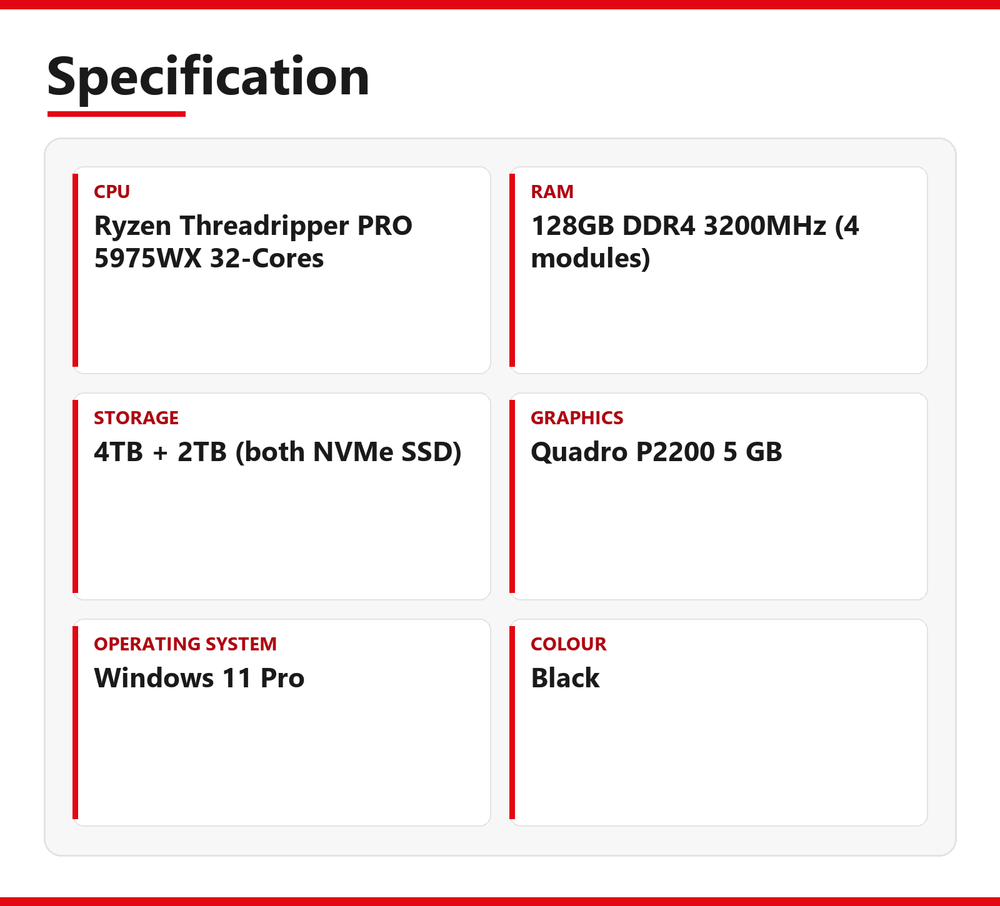 Dell | 7865 | Ryzen Threadripper PRO 5975WX 32-Cores | 128GB DDR4 3200MHz (4 modules) | 4TB + 2TB (both NVMe SSD) | Very Good - Refurbished