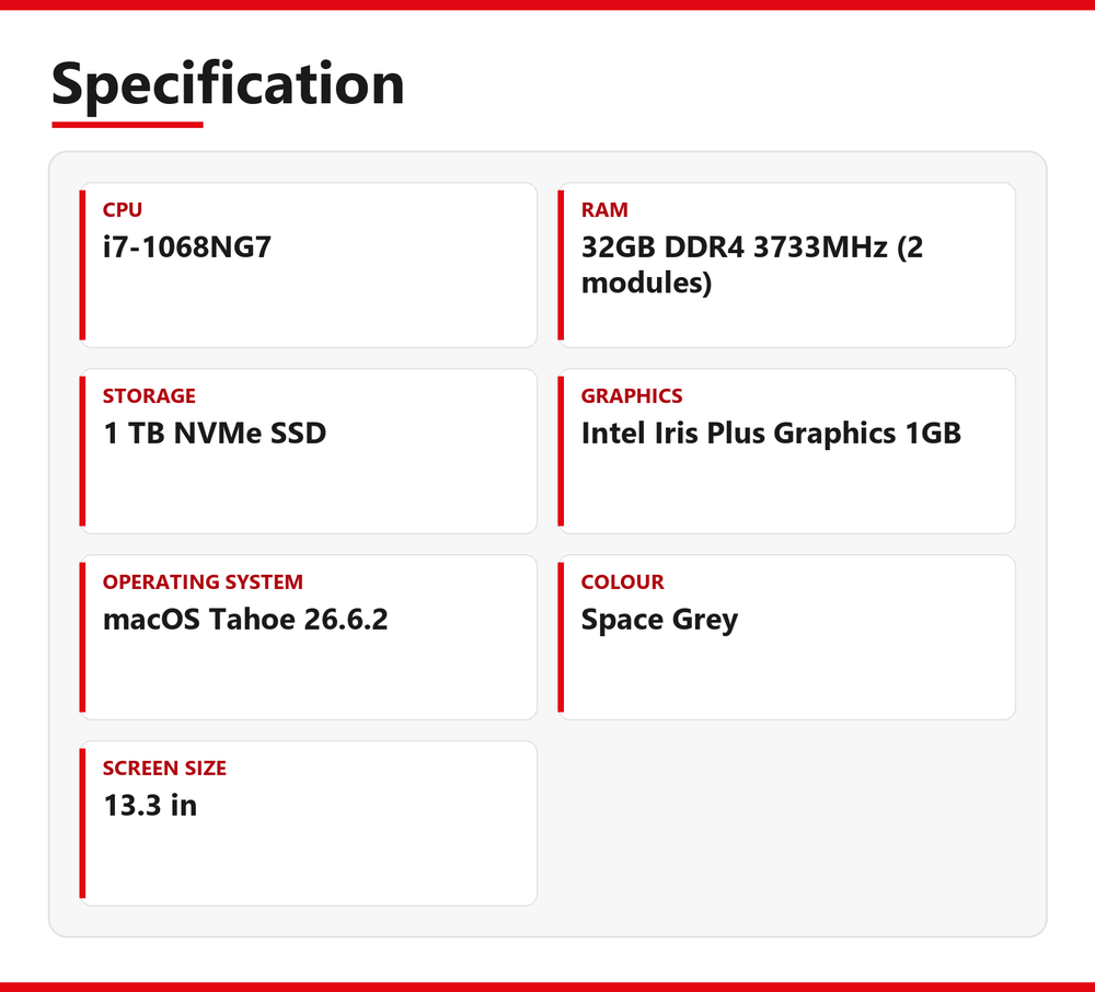 Apple MacBook Pro (13-inch, 2020) Laptop 13.3 inch 32GB RAM 1TB NVMe SSD i7-1068NG7 WiFi macOS Tahoe 26.6.2