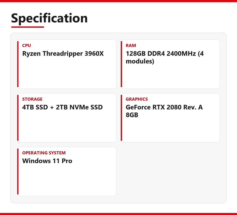 ASUS | TRX40-PRO S | Ryzen Threadripper 3960X | 128GB DDR4 2400MHz (4 modules) | 4TB SSD + 2TB NVMe SSD | Good - Refurbished