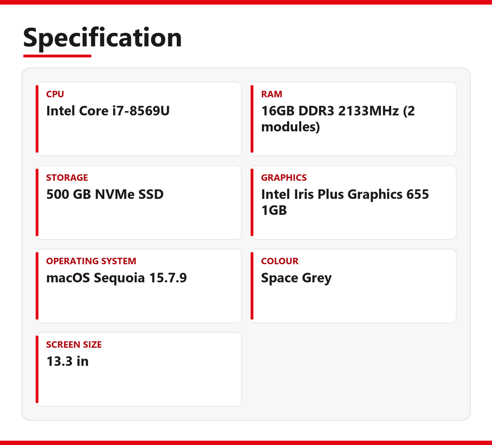 Apple MacBook Pro i7 (13-inch, 2019) 13.3 in 16GB RAM 500GB NVMe macOS Sequoia