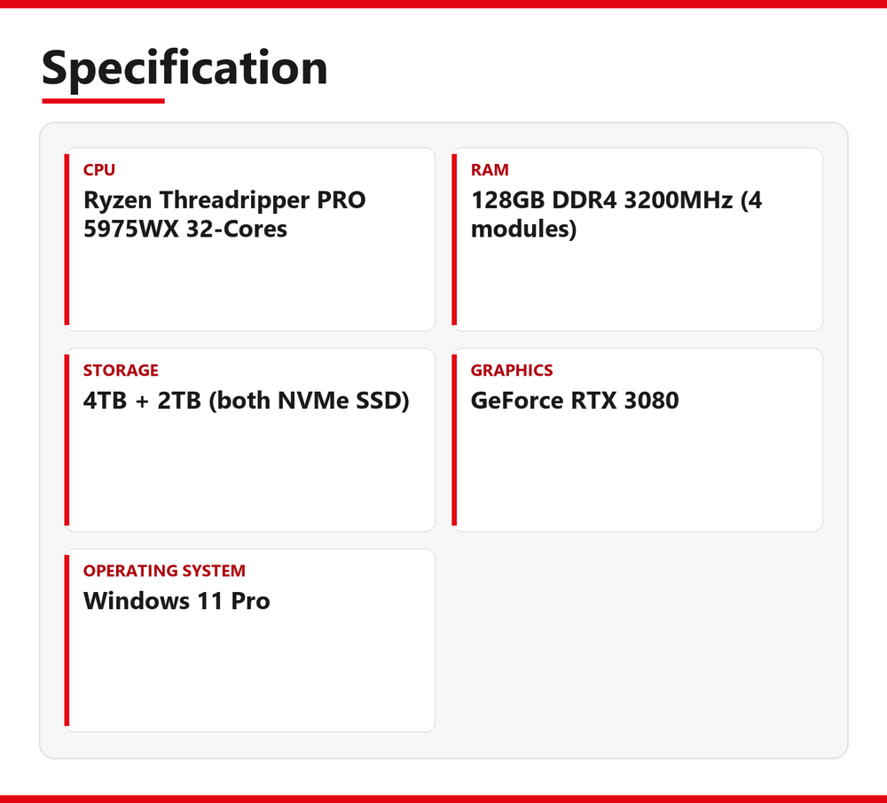 Dell | 7865 | Ryzen Threadripper PRO 5975WX 32-Cores | 128GB DDR4 3200MHz (4 modules) | 4TB + 2TB (both NVMe SSD) | Good - Refurbished