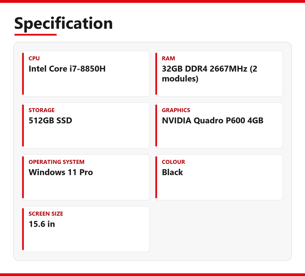 Dell Precision 3530 Laptop 15.6 inch 32GB RAM 512GB SSD Intel Core i7-8850H NVIDIA Quadro P600 4GB Windows 11 Pro