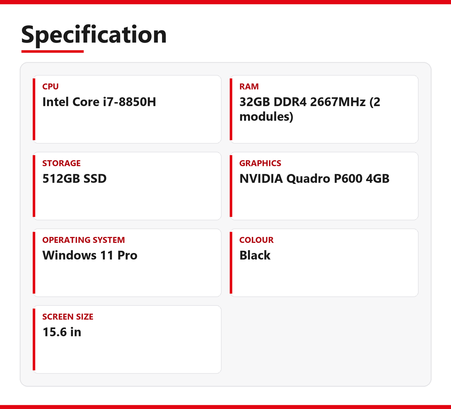 Dell Precision 3530 Laptop 15.6 inch 32GB RAM 512GB SSD Intel Core i7-8850H NVIDIA Quadro P600 4GB Windows 11 Pro
