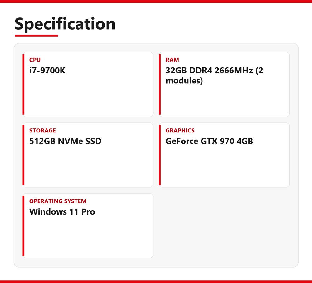 Dell | 3630 | i7-9700K | 32GB DDR4 2666MHz (2 modules) | 512GB NVMe SSD | Good - Refurbished