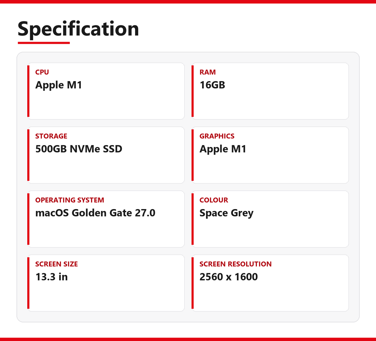 Apple MacBook Air (M1, 2020) 13.3 in 16GB RAM 500GB NVMe SSD macOS Golden Gate
