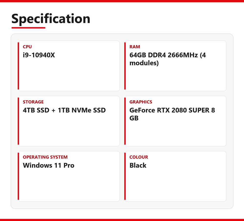 ASUS | X299 MARK 2 | i9-10940X | 64GB DDR4 2666MHz (4 modules) | 4TB SSD + 1TB NVMe SSD | Good - Refurbished
