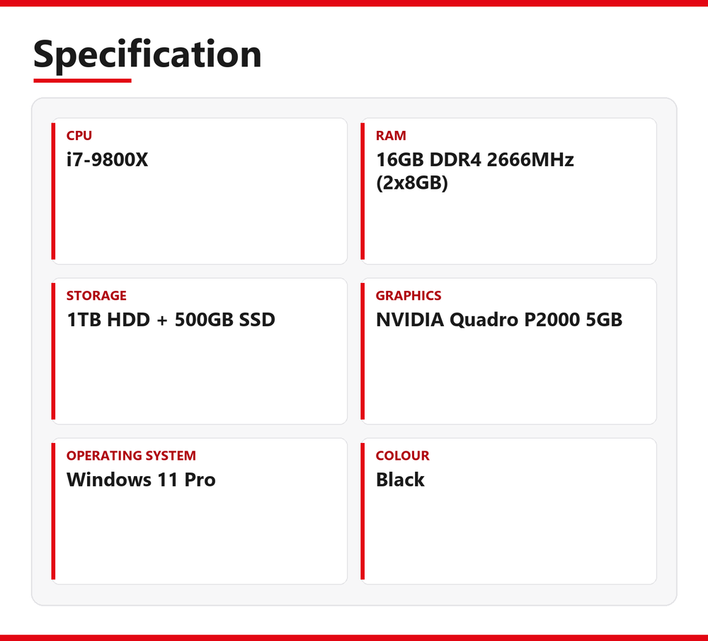 Dell Precision 5820 Tower X-Series Tower 16GB RAM 1TB HDD + 500GB SSD i7-9800X NVIDIA Quadro P2000 5GB Windows 11 Pro