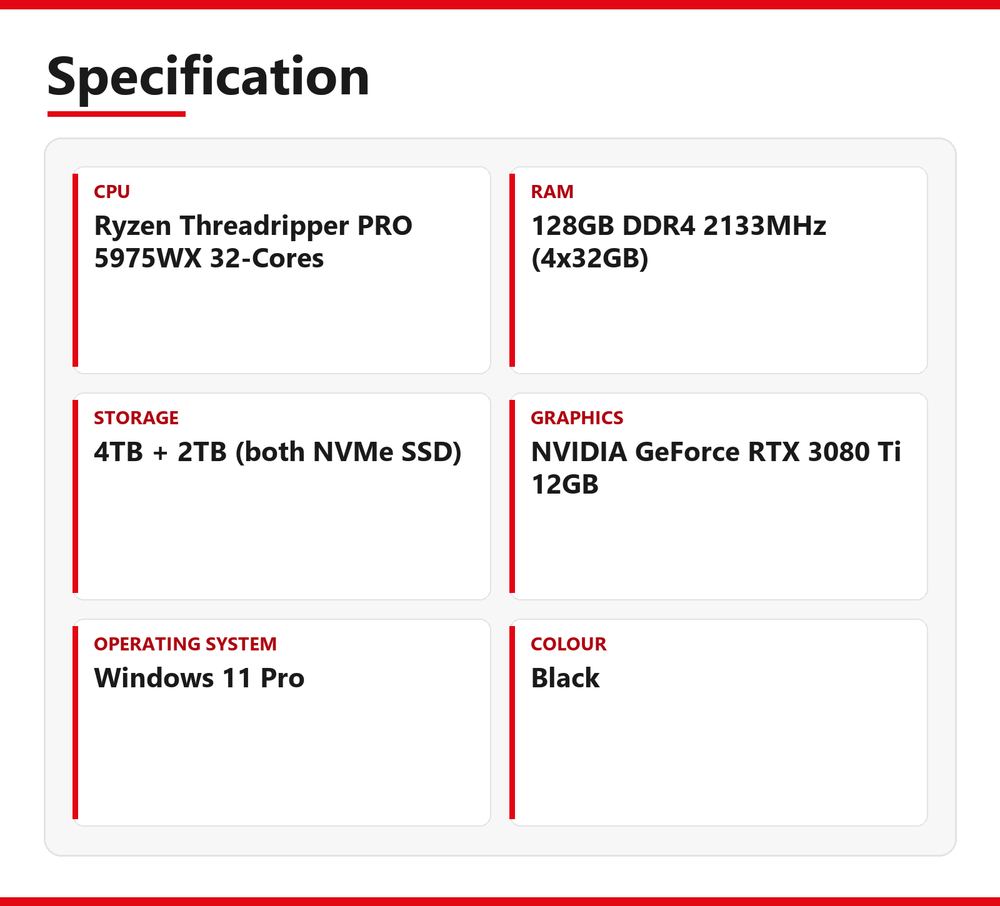 ASRock WRX80 Ryzen Threadripper Pro 5975WX RTX 3080 Ti 128GB RAM 6TB NVMe SSD